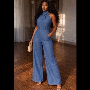 SHEIN Blue Halter Neck Jumpsuit
